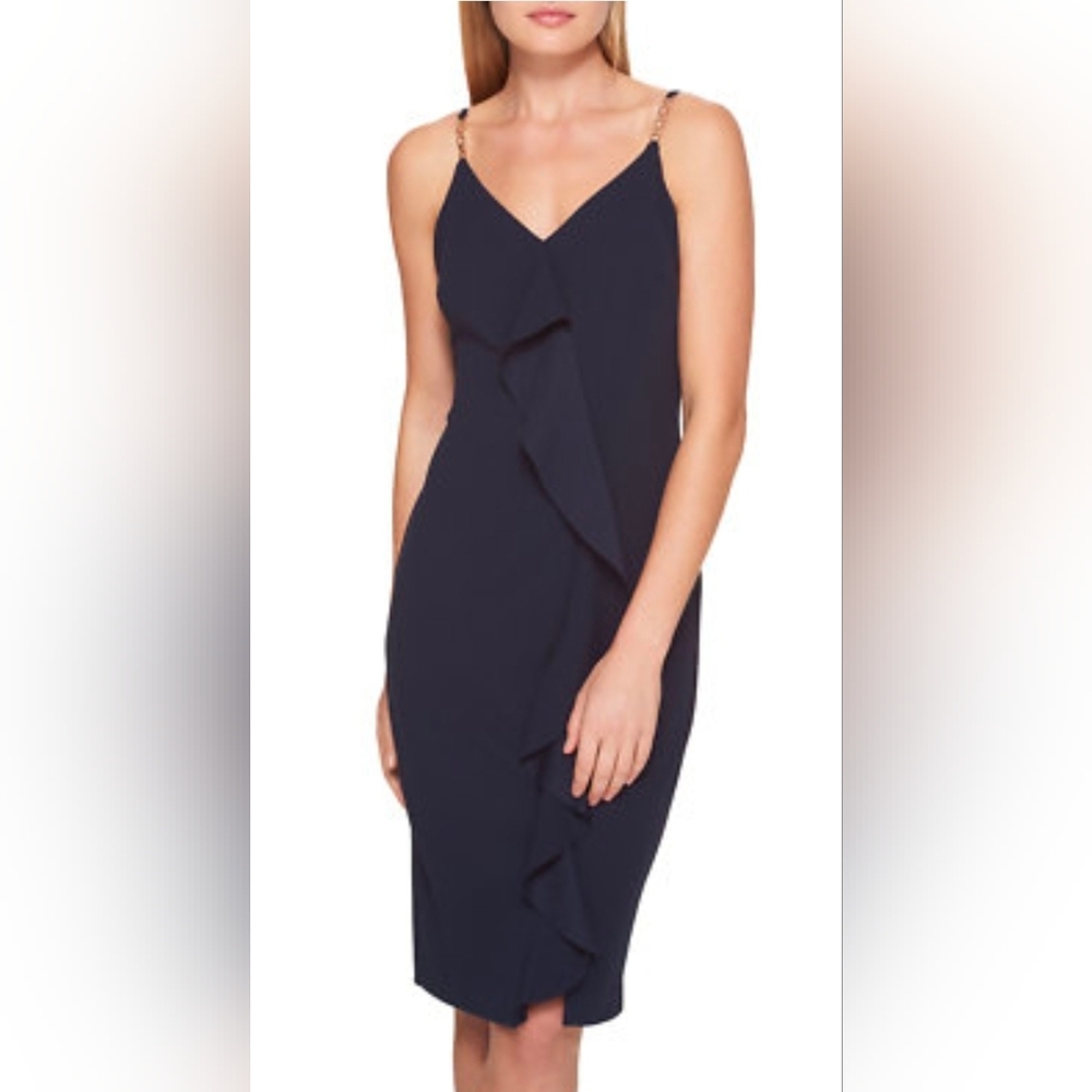Guess Navy Ruffle Midi Slip Dress with Spaghetti Straps